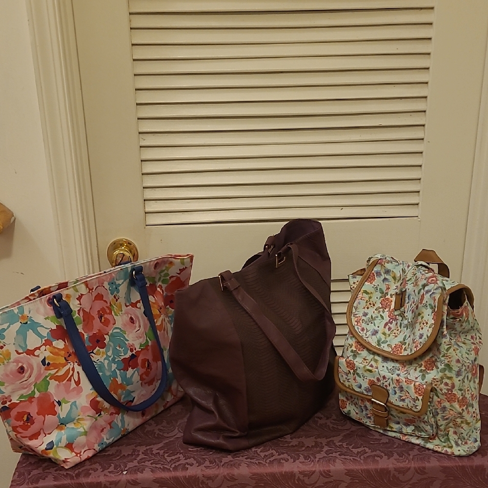 Great for Gifts - 3 Bags Collection, Floral Tote, Purple Tote, and a Backpack
